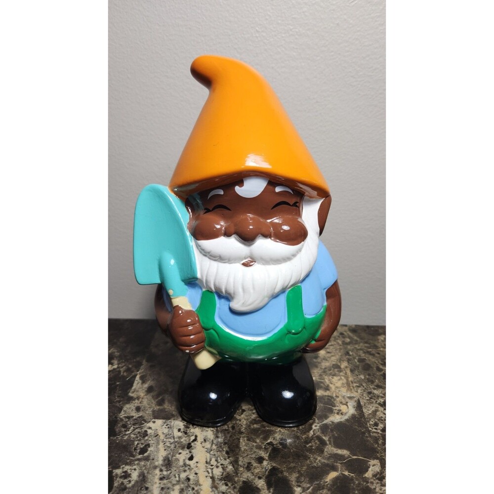 2018 Horizon Group USA Black / Brown Garden Gnome Green Overalls Ceramic 9"
